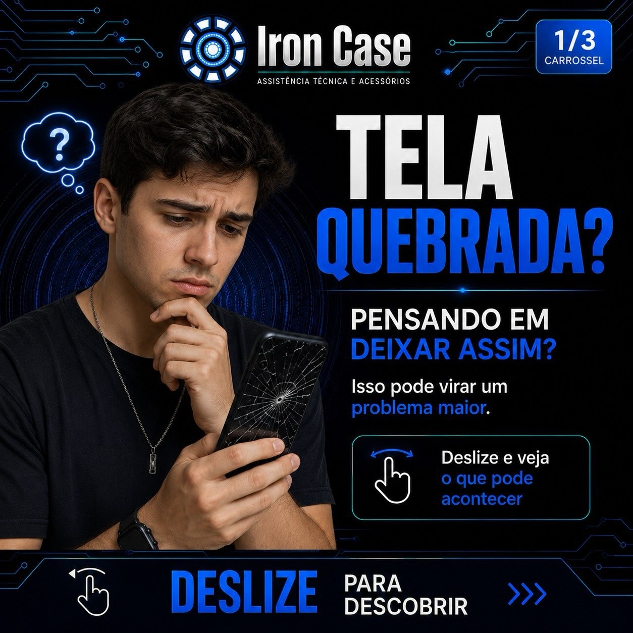 Post do Instagram da Iron Case: tela quebrada? pensando em deixar assim?